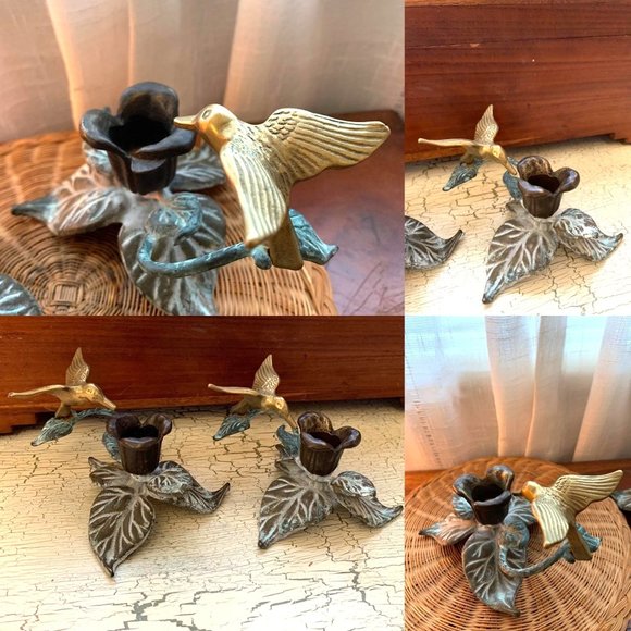 Brass Humming Bird Taper Candle holders Set Vintage Art Nouveau